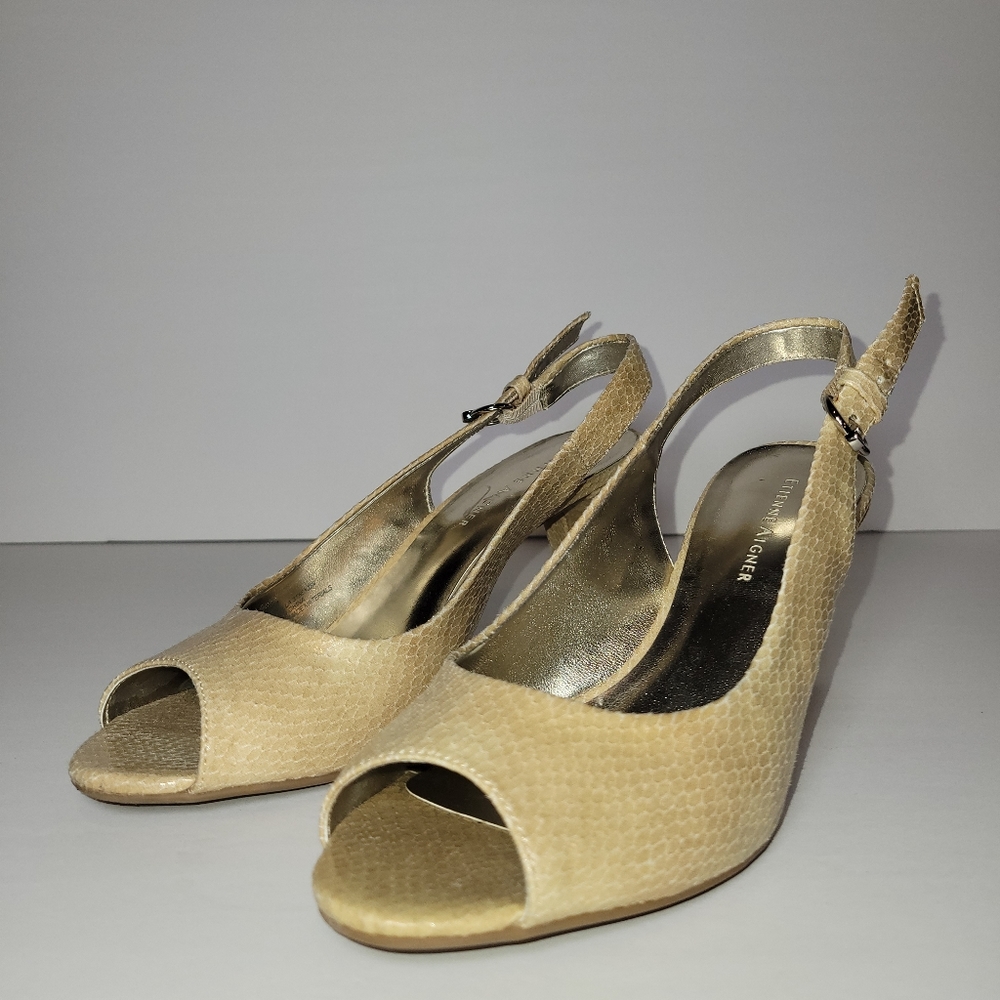 Etienne Aigner Tan Faux Snakeskin Open Toe Heels